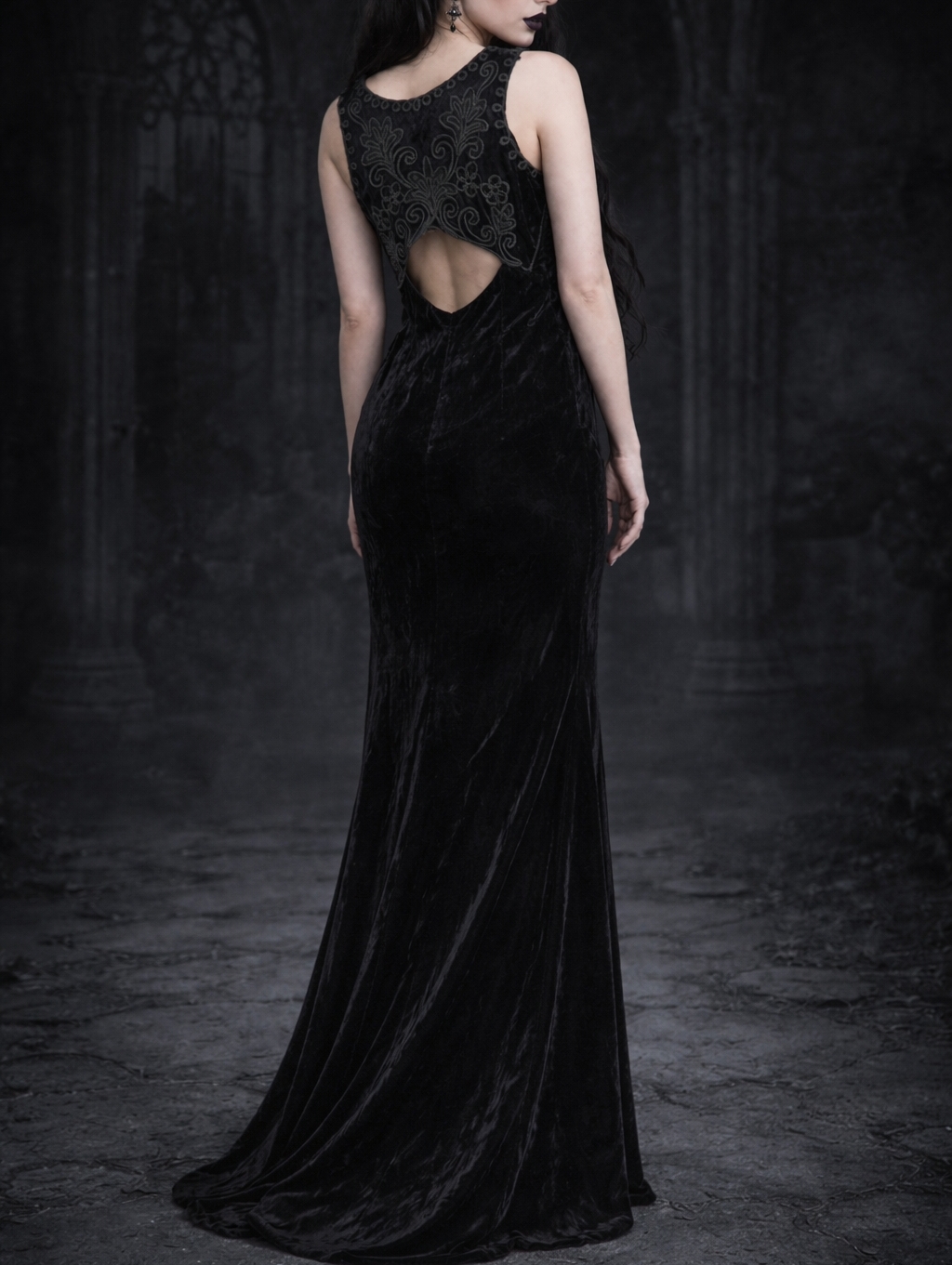 Vintage Scott Mcclintock Velvet Embroidered Pencil Maxi Dress Whimsigoth Size 4